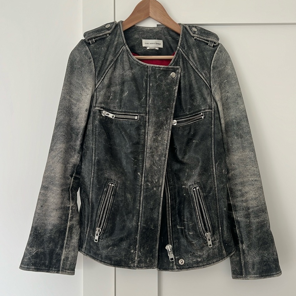 Isabel Marant Etoile Grey Distressed Leather Moto-style jacket, size 4